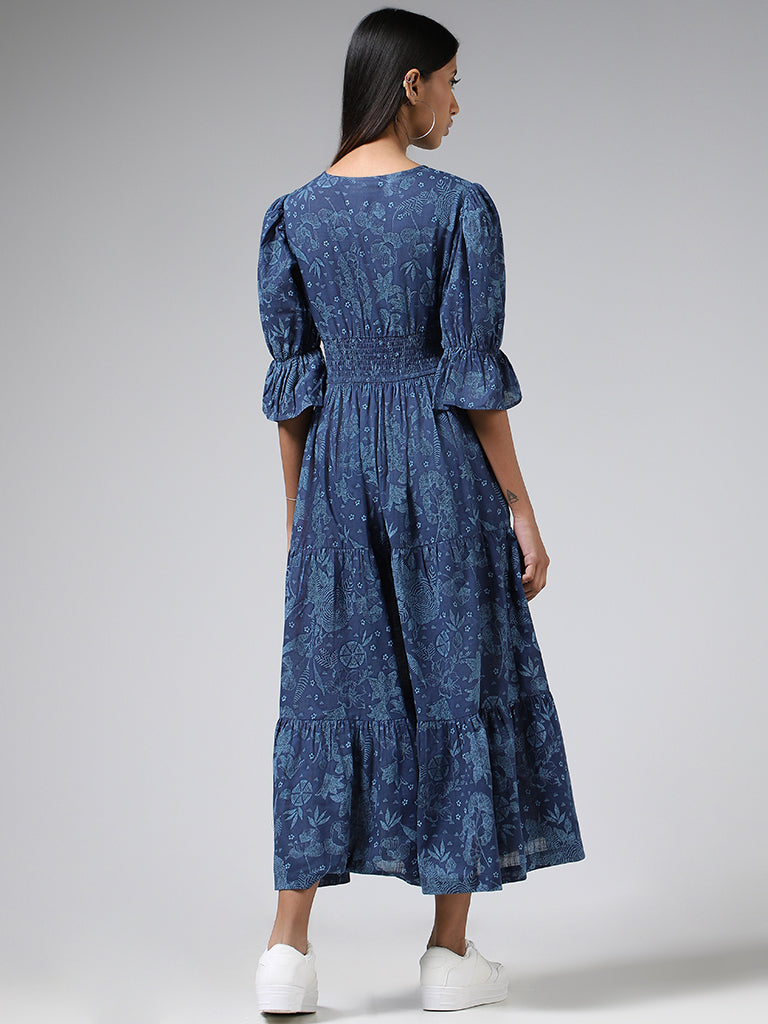 Bombay Paisley Blue Mirror Embroidered and Printed Cotton Tiered Dress