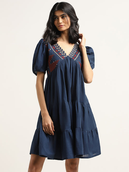 Bombay Paisley Navy Embroidered Cotton Short Dress