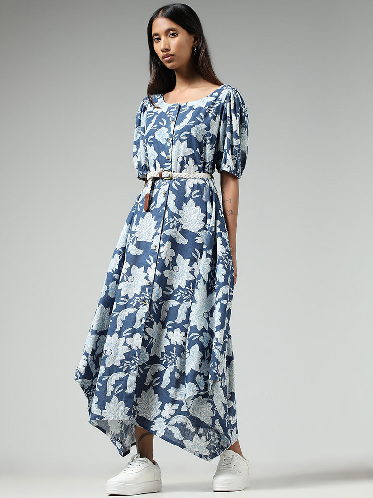 Bombay Paisley Blue Floral Printed Cotton Button-Down Dress with Belt