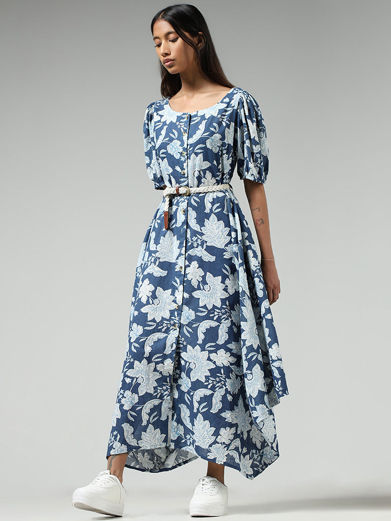 Bombay Paisley Blue Floral Printed Cotton Button-Down Dress with Belt