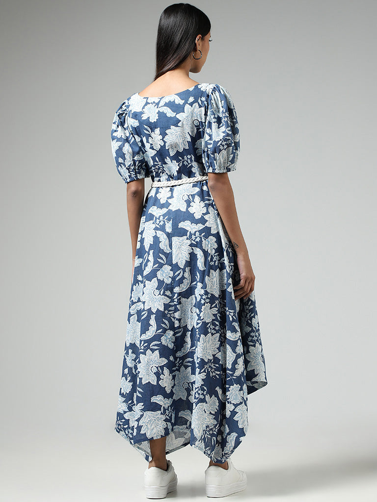Bombay Paisley Blue Floral Printed Buttoned Down Dress with Belt