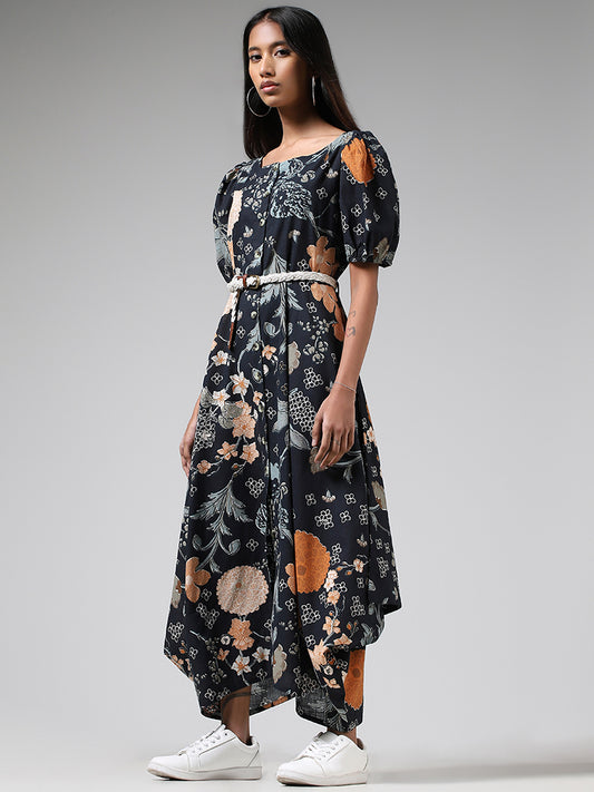 Bombay Paisley Blue Printed Buttoned Down Dress with Belt