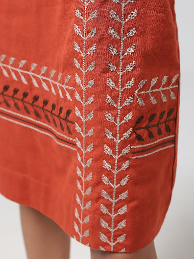 Bombay Paisley Rust Geometric Embroidered Blended Linen Dress