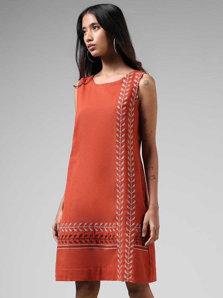 Bombay Paisley Rust Geometric Embroidered Blended Linen Dress