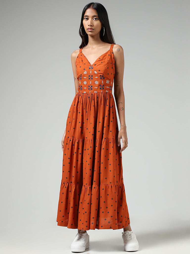 Bombay Paisley Orange Embroidered & Printed Tiered Dress