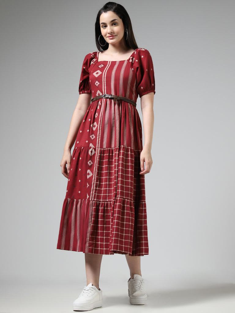 Bombay Paisley Maroon Mix Geometric Printed Blended Linen Tiered Dress