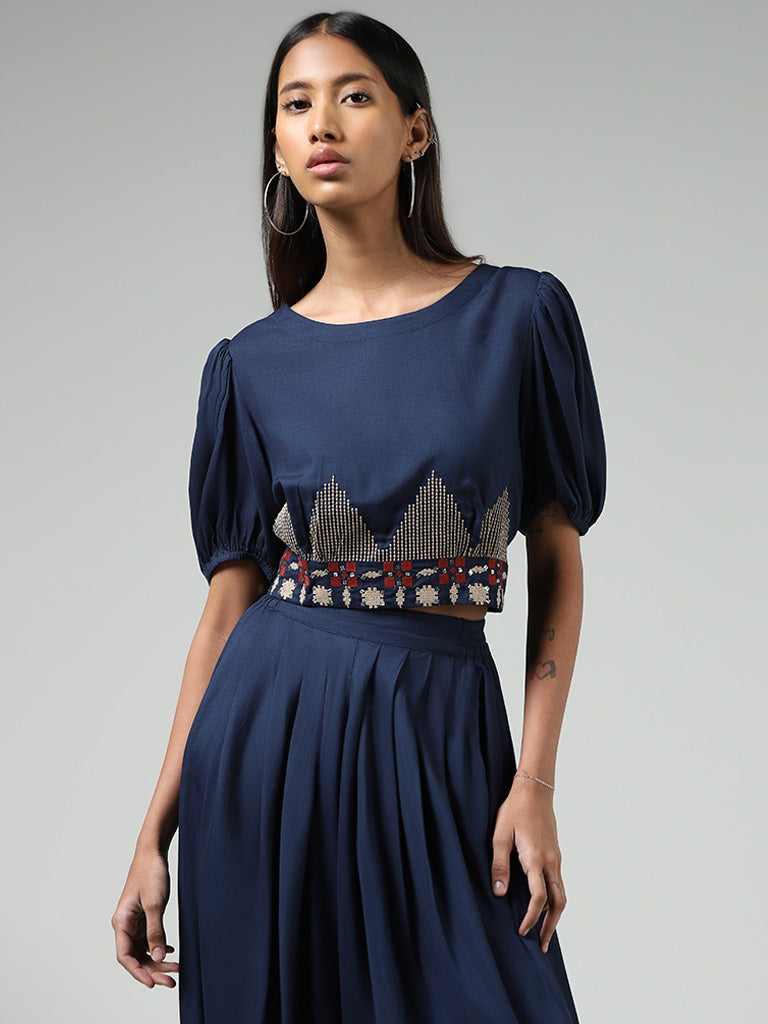Bombay Paisley Navy Geometric Embroidered Crop Top