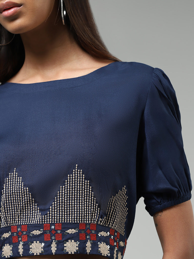 Bombay Paisley Navy Geometric Embroidered Crop Top
