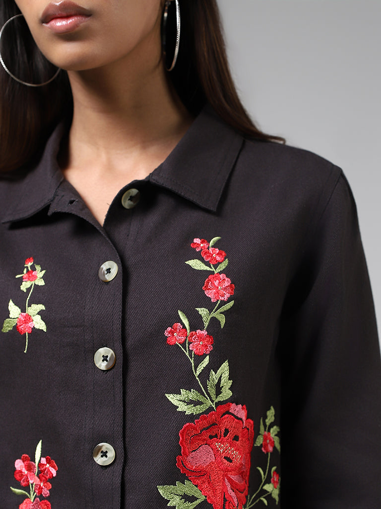 Bombay Paisley Black Floral Embroidered Cotton Blend Jacket