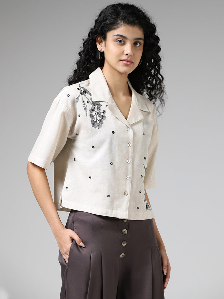 Bombay Paisley Cream Embroidered Blended Linen Shirt