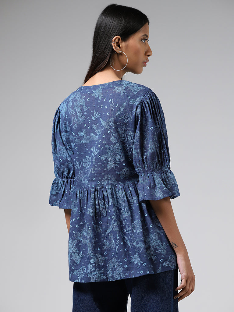 Bombay Paisley Blue Floral Printed Pleated Top