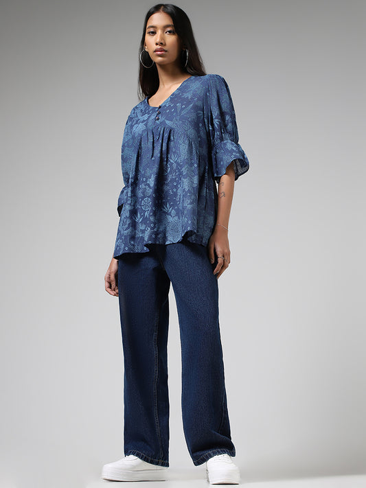 Bombay Paisley Blue Floral Printed Pleated Top