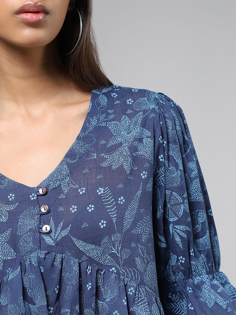 Bombay Paisley Blue Floral Printed Pleated Cotton Top