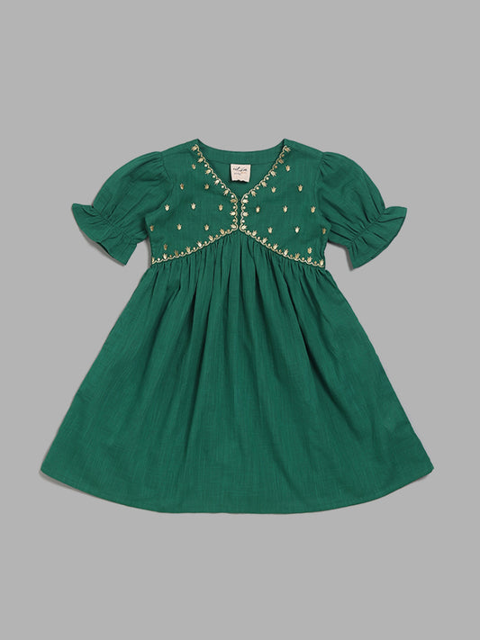 Utsa Kids Emerald Green Floral Embroidered Gathered Dress