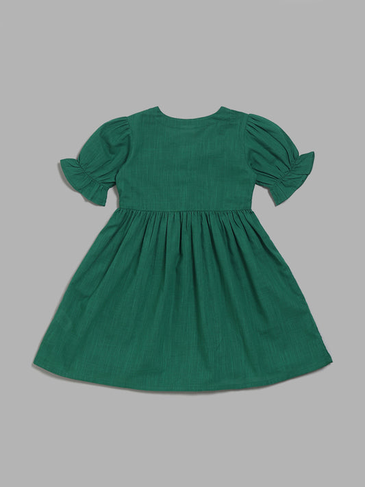 Utsa Kids Emerald Green Floral Embroidered Gathered Dress