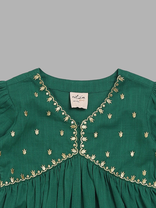 Utsa Kids Emerald Green Floral Embroidered Gathered Dress (2 - 8yrs)
