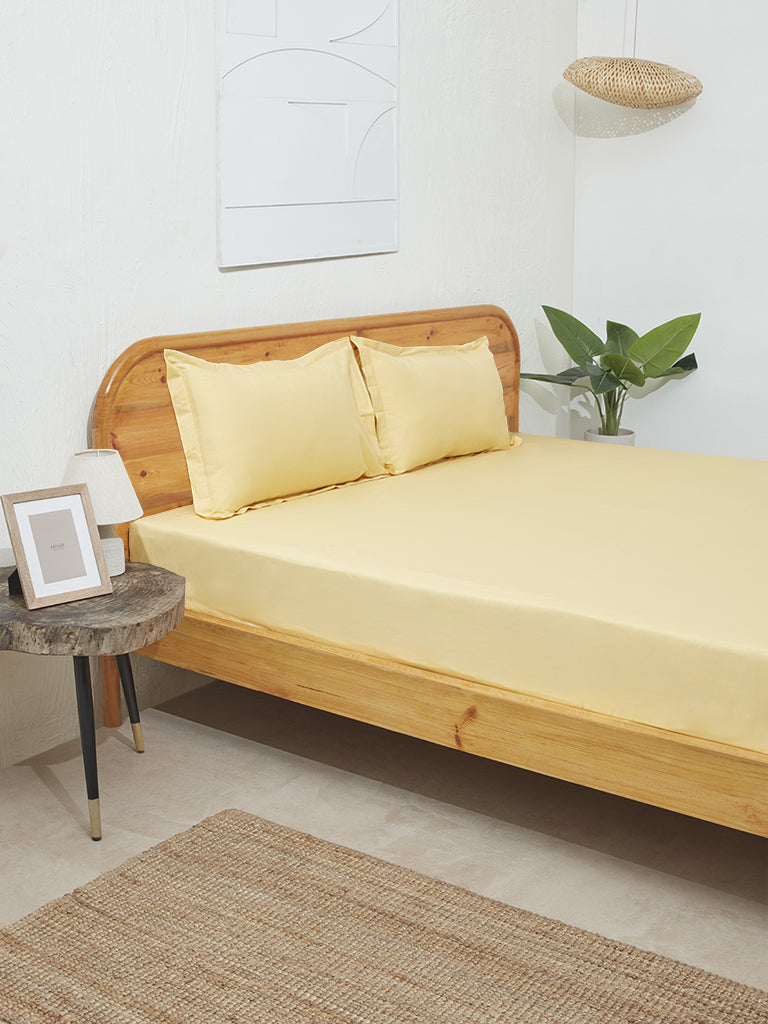 Westside Home Yellow Solid Double Bed Flat Sheet and Pillowcase Set