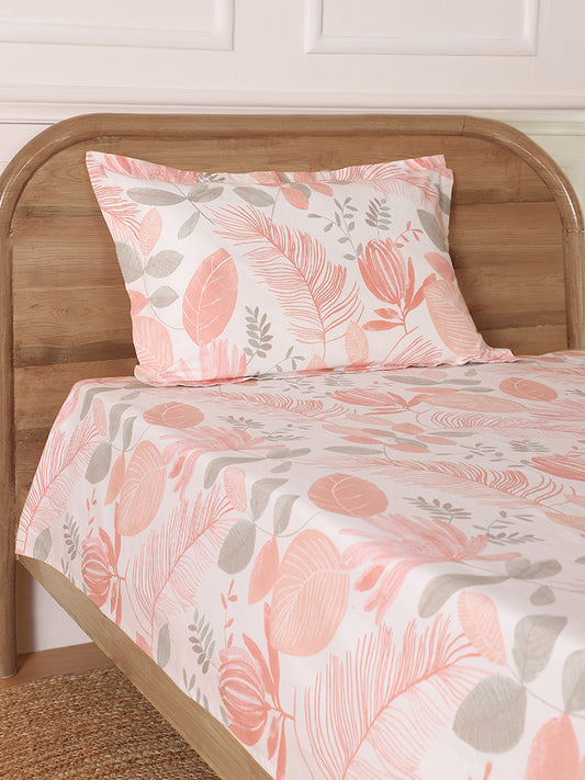 Westside Home Leaf Printed Off White Single Bed Flat Sheet and Pillowcase Set