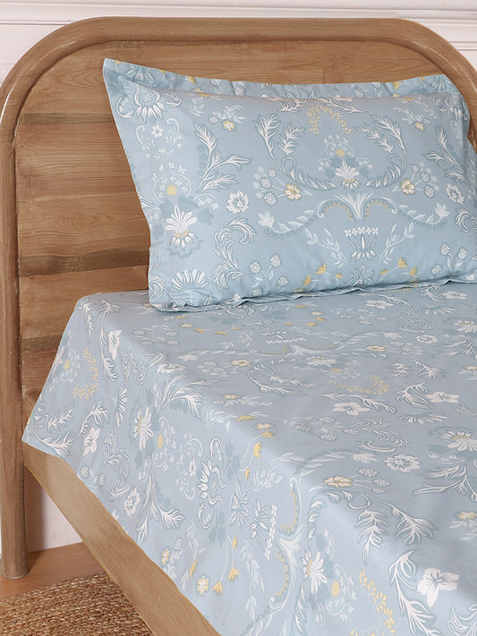 Westside Home Floral Printed Aqua Blue Single Bed Flat Sheet and Pillowcase Set