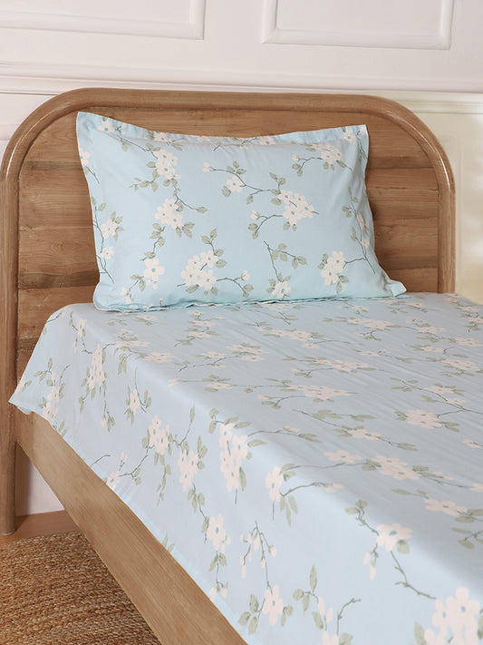 Westside Home Cherry Floral Printed Aqua Blue Single Bed Flat Sheet and Pillowcase Set