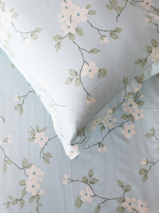 Westside Home Cherry Floral Printed Aqua Blue Single Bed Flat Sheet and Pillowcase Set