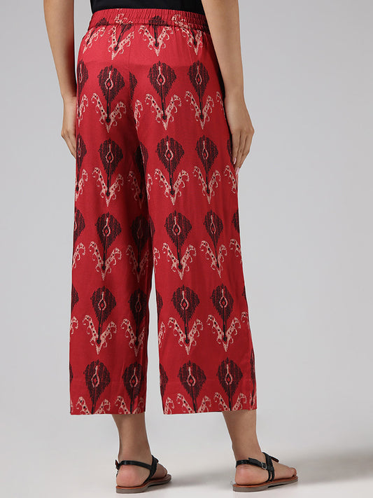 Utsa Red Ikat Printed Wide-Leg Pants