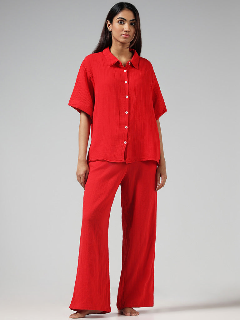 Buy Wunderlove Solid Red Satin Shirt & Pyjamas Set from Westside
