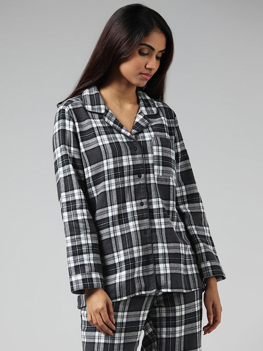 Wunderlove Black Checked Cotton Blend Shirt and Pyjama Set