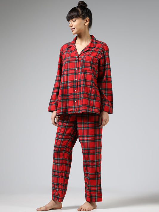 Wunderlove Red Plaid Checked Shirt & Pyjamas Set