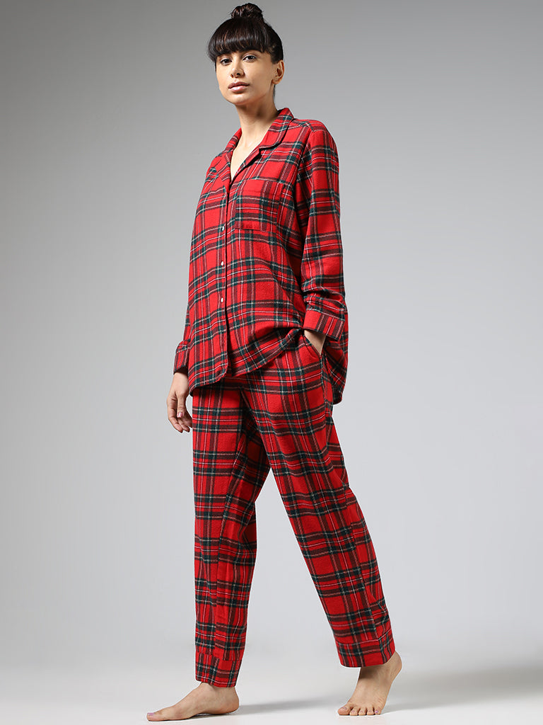 Buy Wunderlove Red Plaid Checked Shirt & Pyjamas Set from Westside