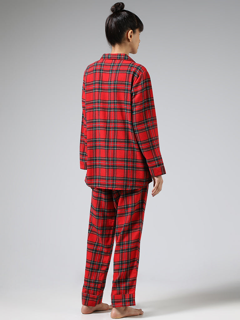 Wunderlove Red Plaid Checked Cotton Shirt and Pyjama Set