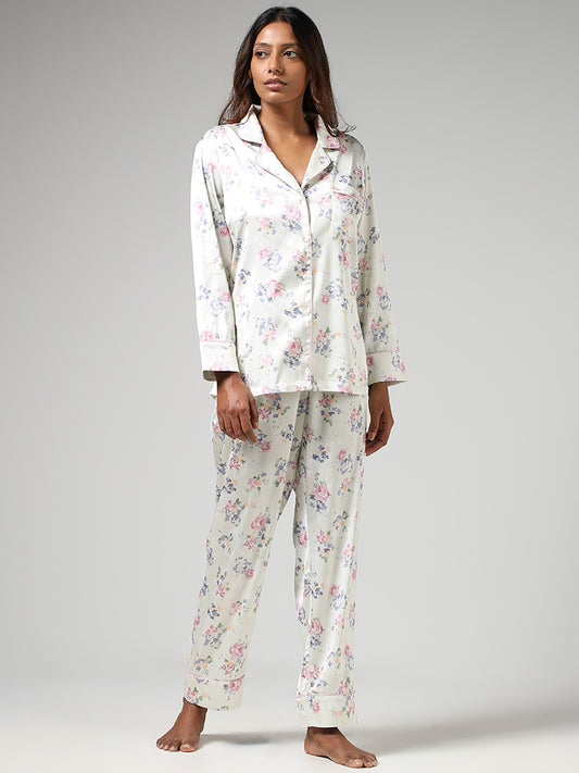 Wunderlove Ivory Floral Printed Satin Shirt & Pyjamas Set