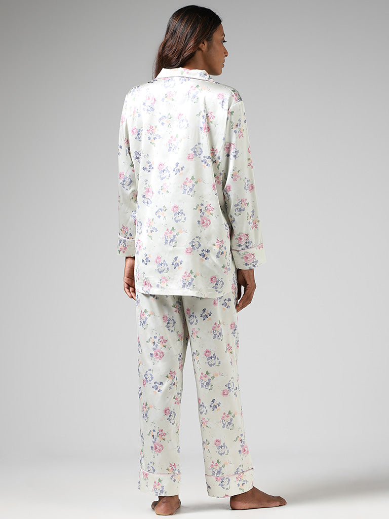 Wunderlove Ivory Floral Printed Satin Shirt & Pyjamas Set