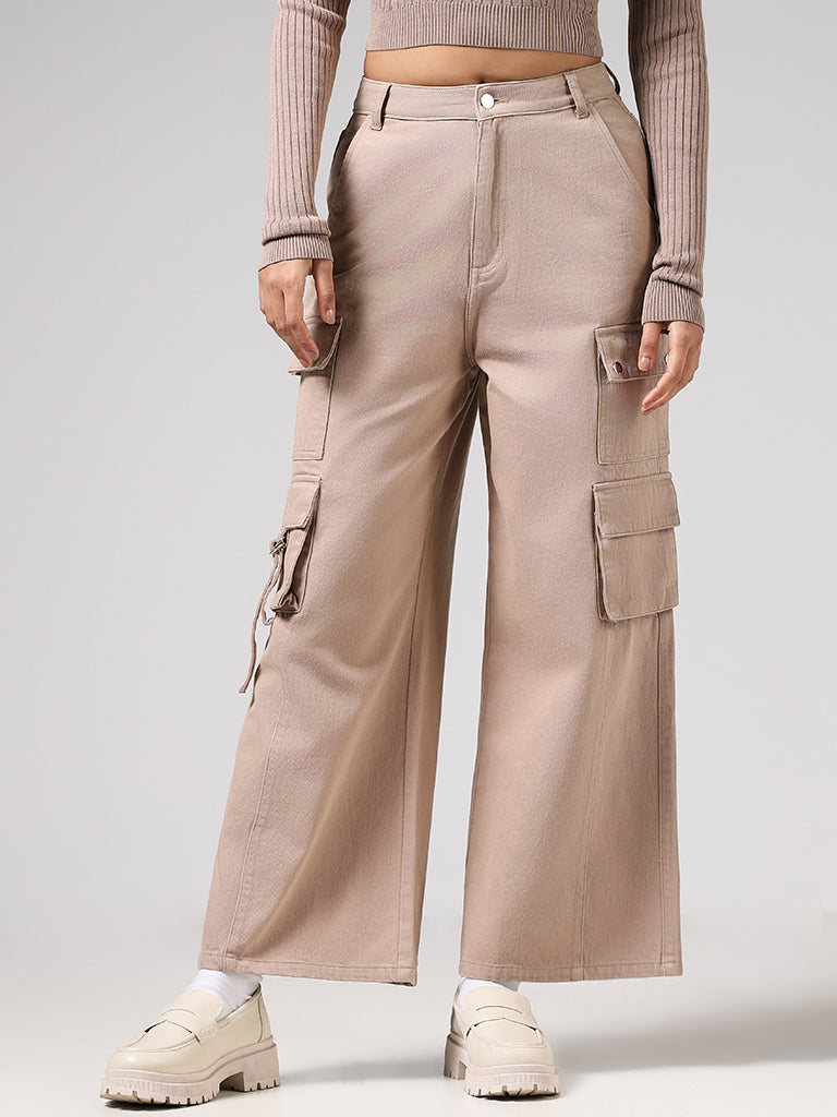 Nuon Tan Brown Wide Leg - Fit Mid Rise Jeans