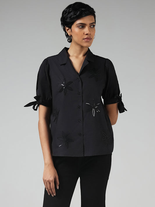 LOV Black Floral Sequin Embroidered Shirt