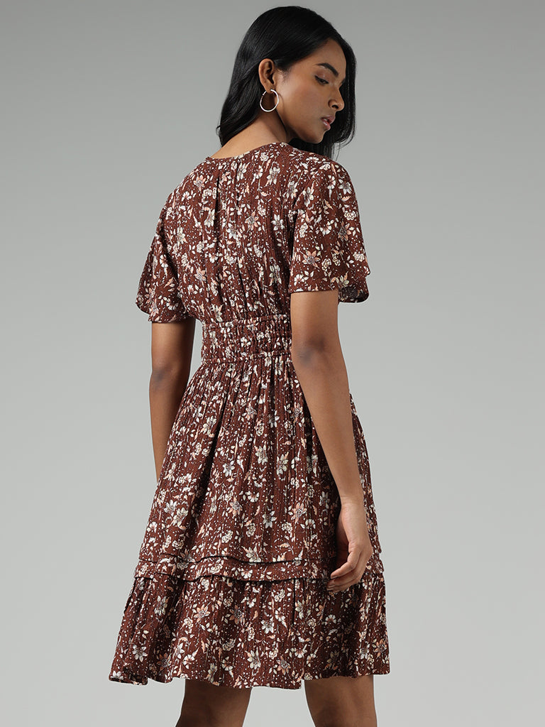 LOV Brown Ditsy Floral Printed Tiered Dress