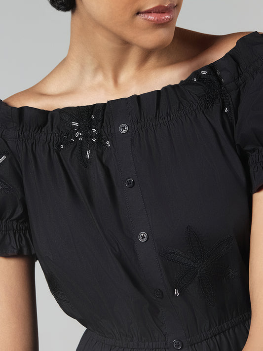 LOV Black Floral Sequin Embroidered Off-Shoulder Dress