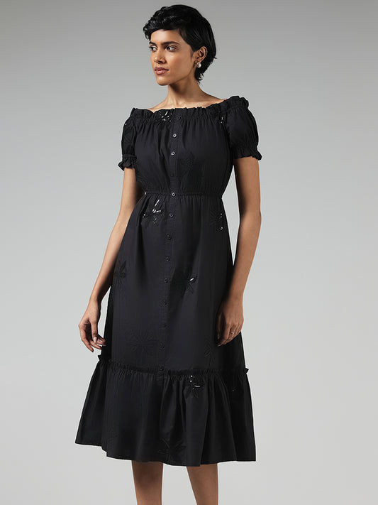 LOV Black Floral Sequin Embroidered Cotton Off-Shoulder Dress