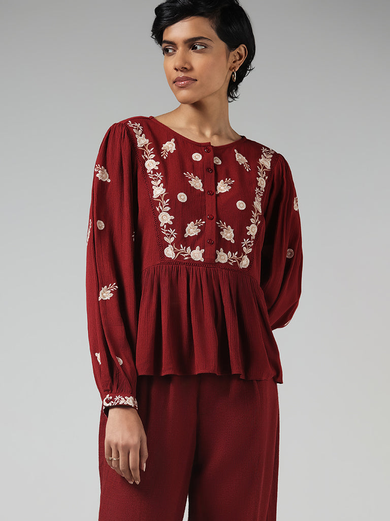 LOV Maroon Floral Embroidered Top