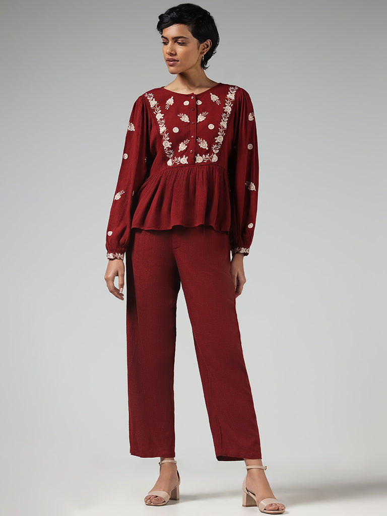 LOV Maroon Floral Embroidered Top