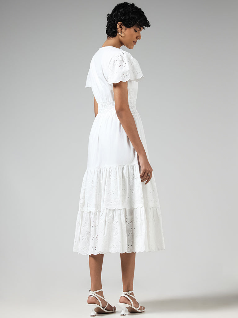 LOV White Cotton Schiffli Dress
