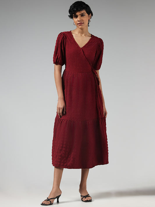 LOV Solid Burgundy Crinkled Tiered Dress