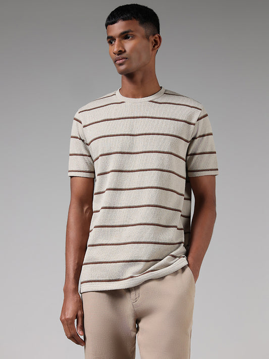ETA Brown Striped Cotton Blend Relaxed Fit T-Shirt