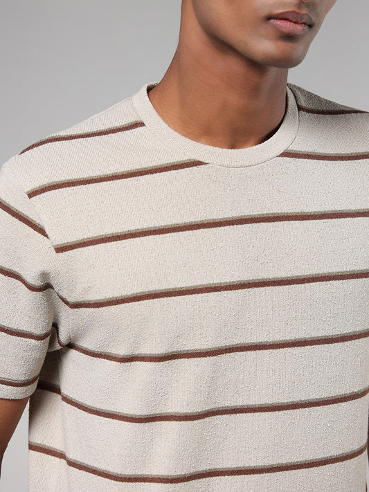 ETA Brown Striped Cotton Blend Relaxed Fit T-Shirt