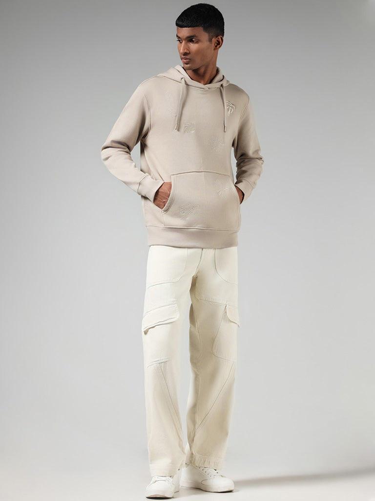 Nuon Beige Embroidered Relaxed Fit Hoodie