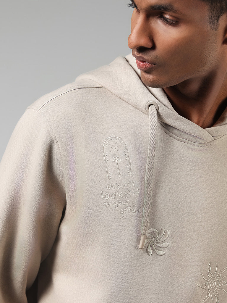 Nuon Beige Embroidered Cotton Blend Relaxed Fit Hoodie