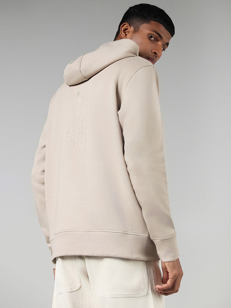 Nuon Beige Embroidered Cotton Blend Relaxed Fit Hoodie