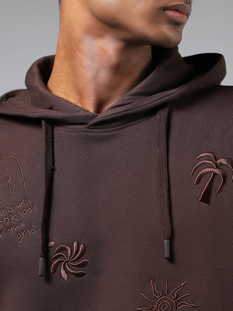 Nuon Dark Brown Embroidered Cotton Blend Relaxed Fit Hoodie