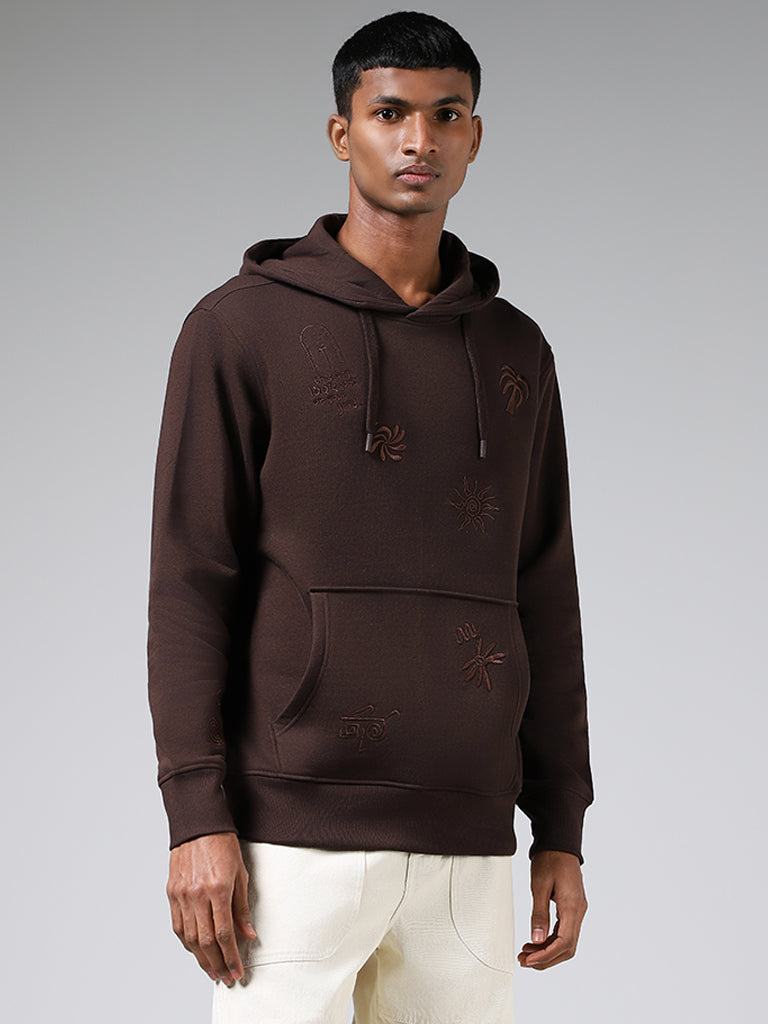 Nuon Dark Brown Embroidered Cotton Blend Relaxed Fit Hoodie