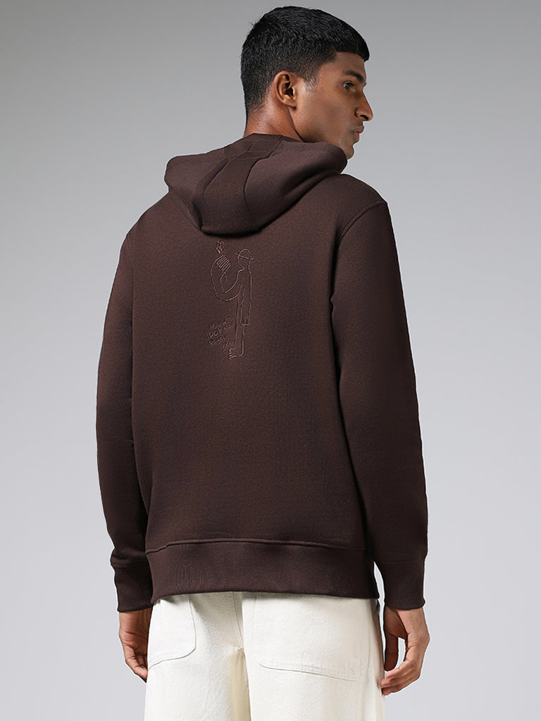 Nuon Dark Brown Embroidered Relaxed Fit Hoodie